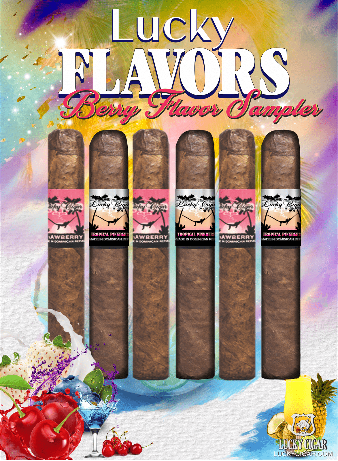 Flavored Cigars: Lucky Flavors 6 Piece Berry Fruit Sampler - Strawberry, Tropical Pinkberry 3 Tropical Pinkberry 5x42 Cigars 3 Strawberry 5x42 Cigars