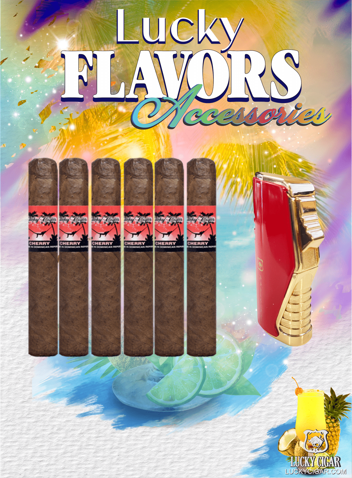 Flavored Cigars: Lucky Flavors 6 Cherry Cigar Set with Red Torch Lighter