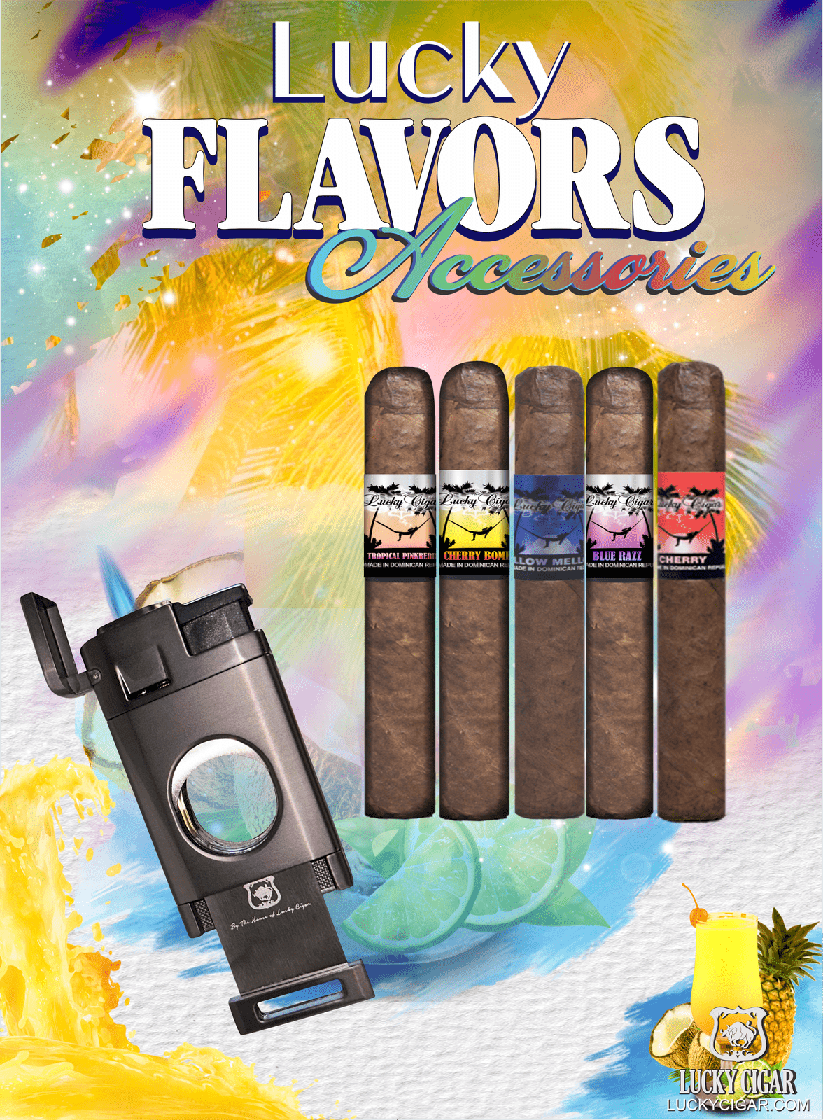 Flavored Cigars: Lucky Flavors 5 Cigar Set with Cutter Torch Lighter Combo
