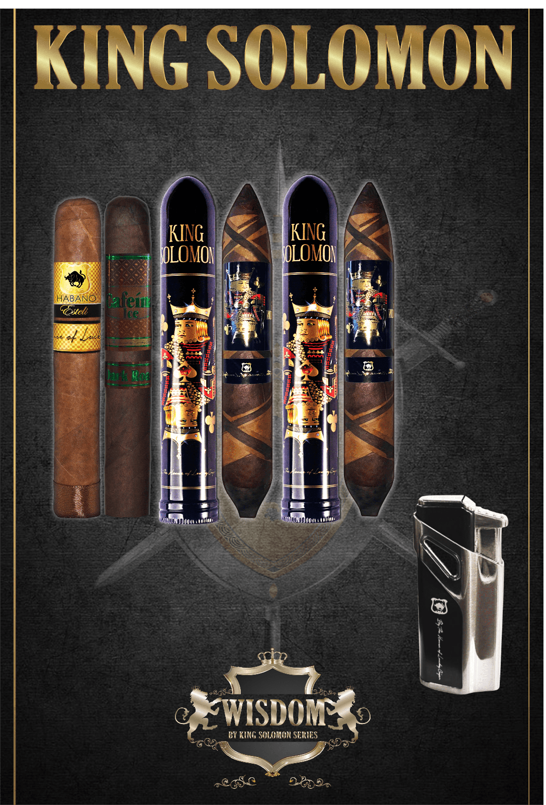 From The King Solomon Series: 2 Solomon 7x60 Cigars, 1 Cafeina Dark 5x58, 1 Habano Esteli 6x60 with Torch Lighter Set