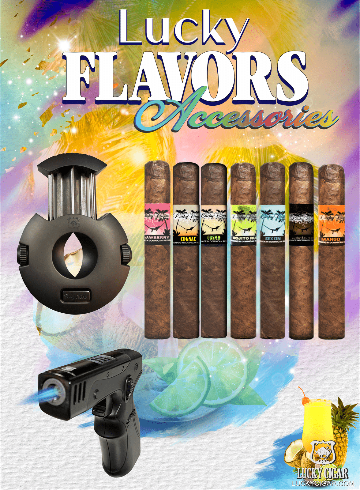 Flavored Cigars: Lucky Flavors 7 Cigar Set with Gun Torch and Cutter 