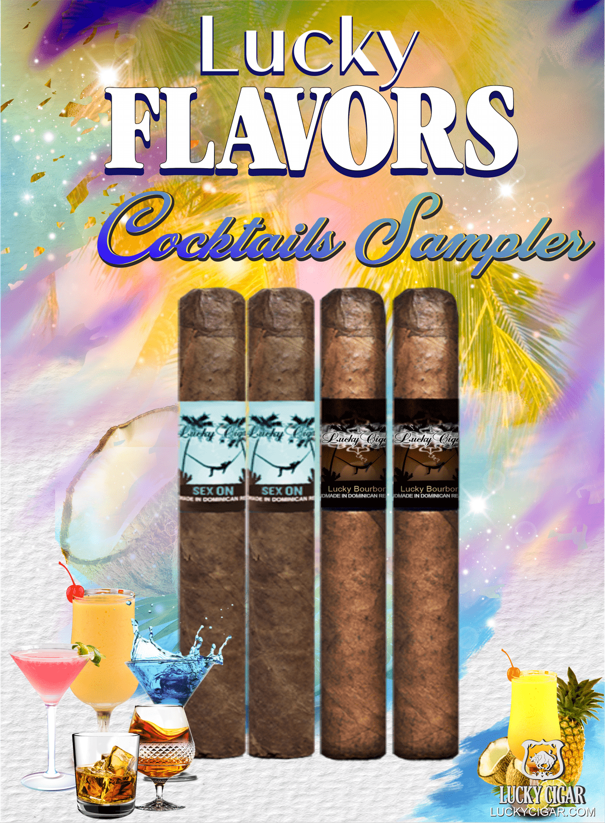 Flavored Cigars: Lucky Flavors 4 Piece Cocktails Sampler SOTB, Bourbon 2 Sex on the Beach 5x42 Cigars 2 Lucky Bourbon 5x42 Cigars