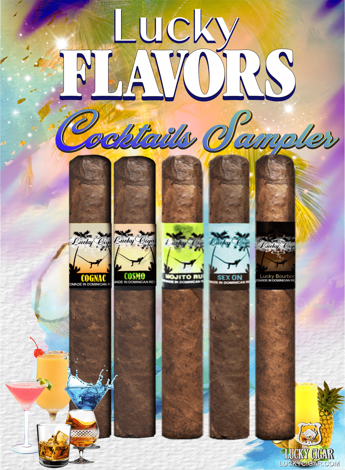 Flavored Cigars: Lucky Flavors 5 Piece Cocktails Sampler, Cognac, Cosmo, Mojito, Bourbon, SOTB
