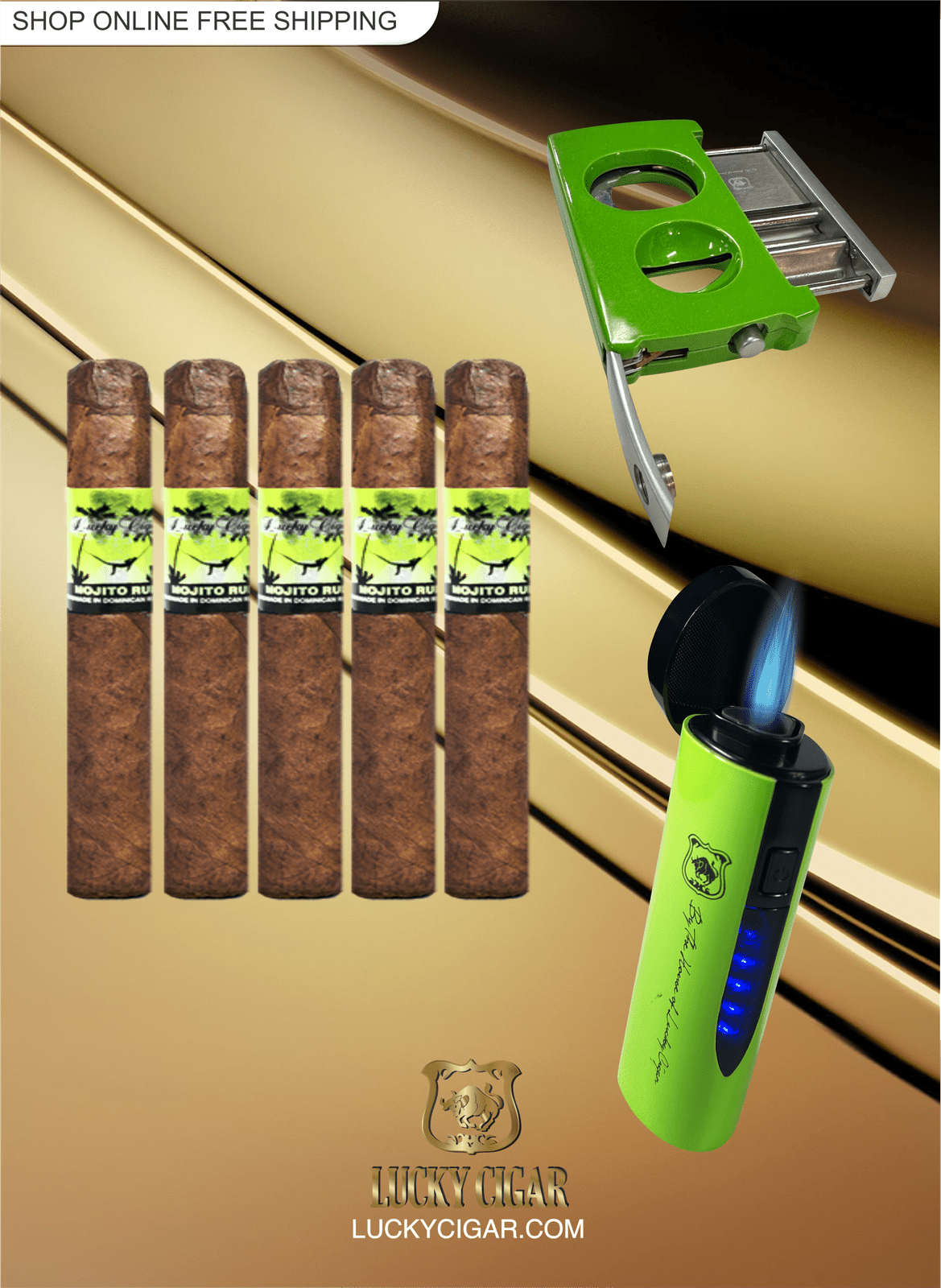 Lucky Cigar Sampler Sets: Set of 5 Lucky Mojito Cigars with Cutter, Lighter
