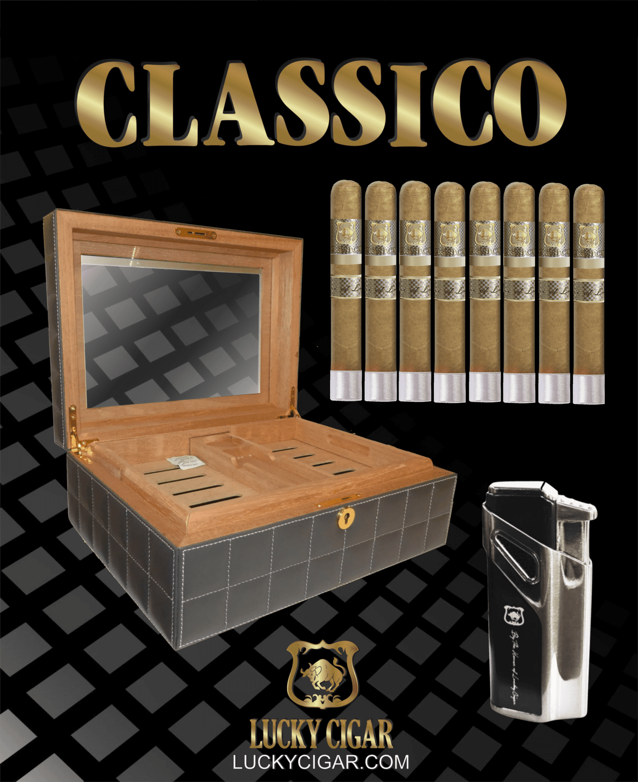 Lucky Cigar Sampler Sets: Set of 8 Classico Toro Cigars with Desk Humidor, Torch