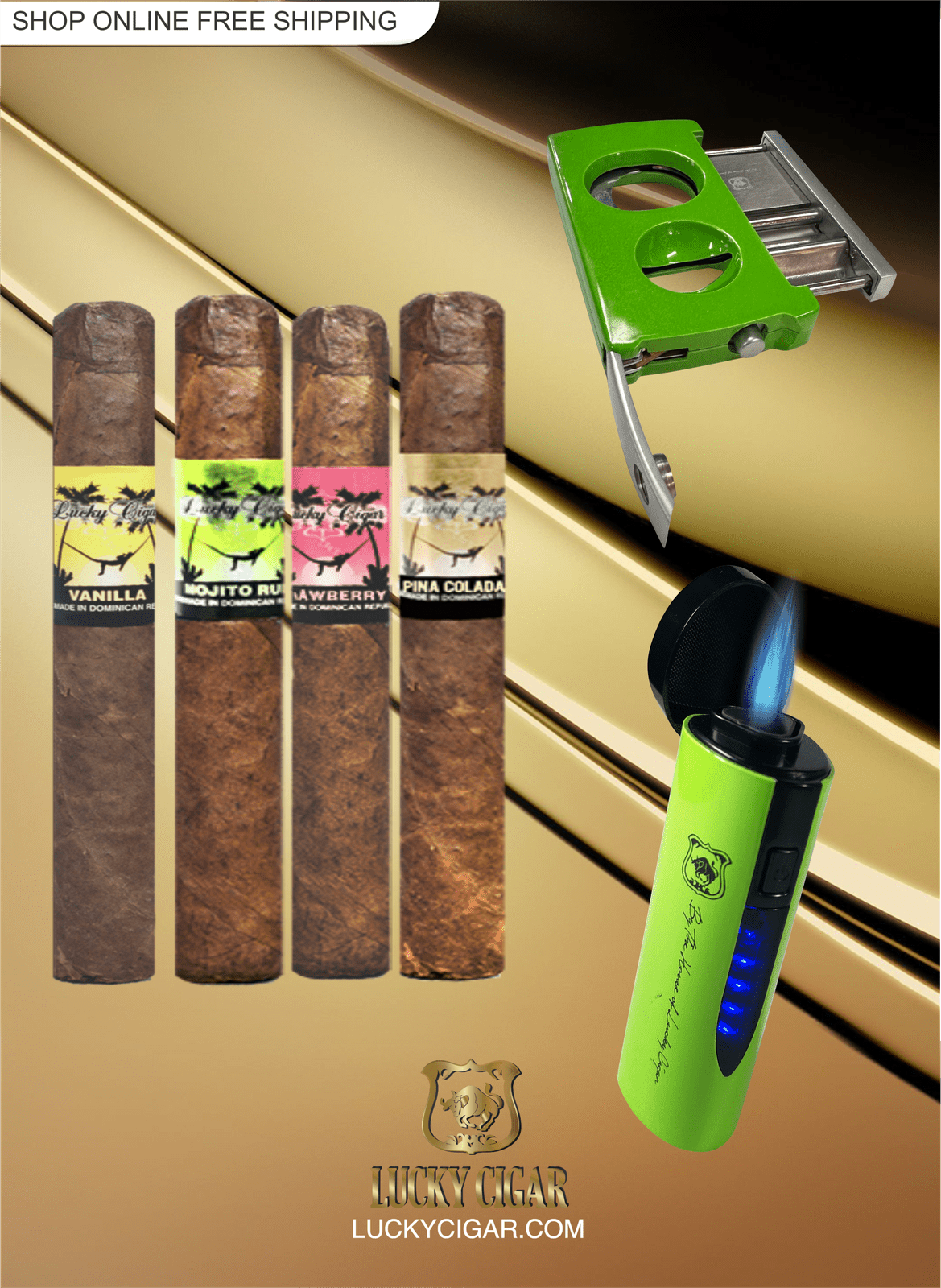 Cigars Random Lucky Cigar Sampler Sets: 4 Lucky Flavor Cigars with Cutter, Torch