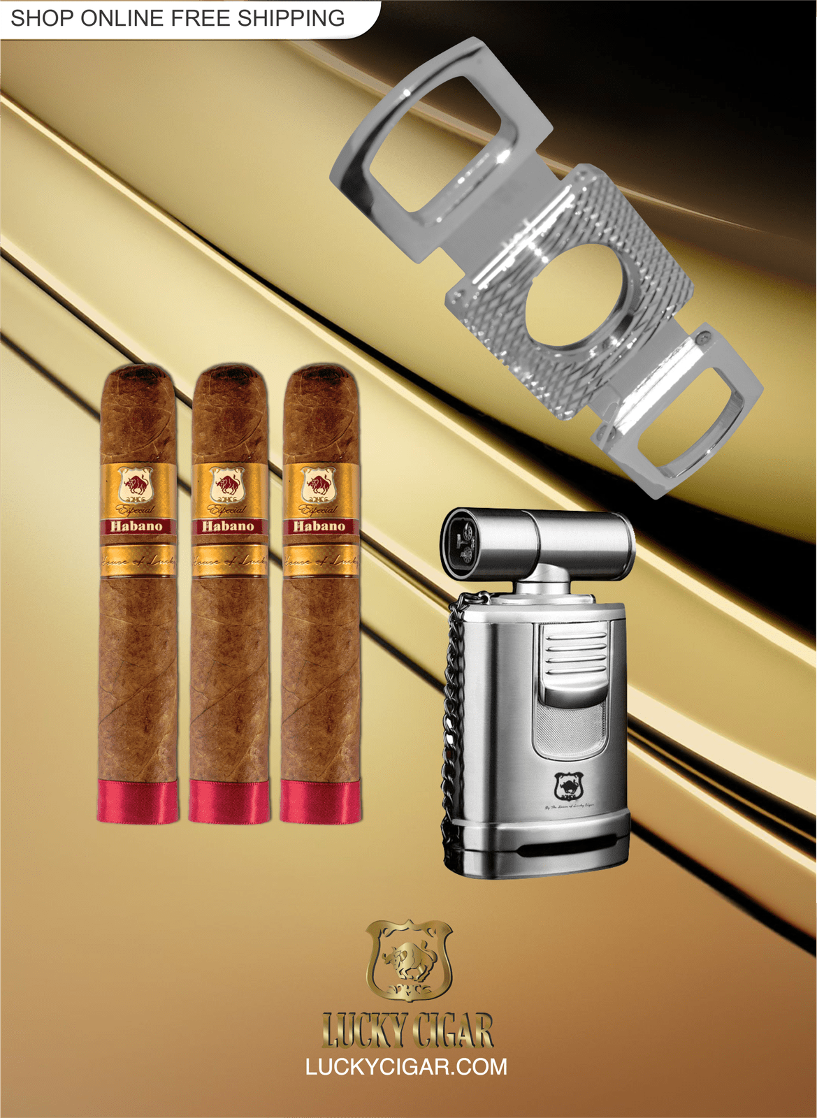 Lucky Cigar Sampler Sets: Set of 3 Especial Habano Robusto Cigars with Table Torch, Cutter