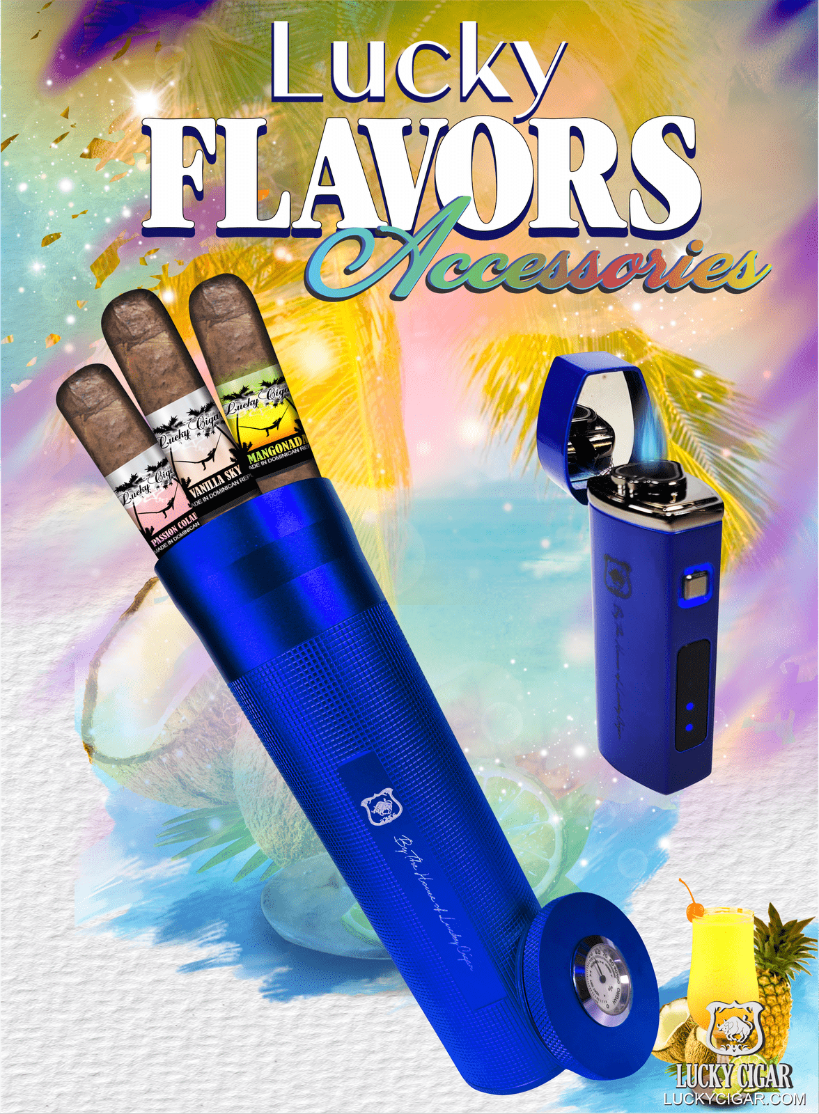 Flavored Cigars: Lucky Flavors 3 Cigar Set with Blue Torch and Travel Humidor 