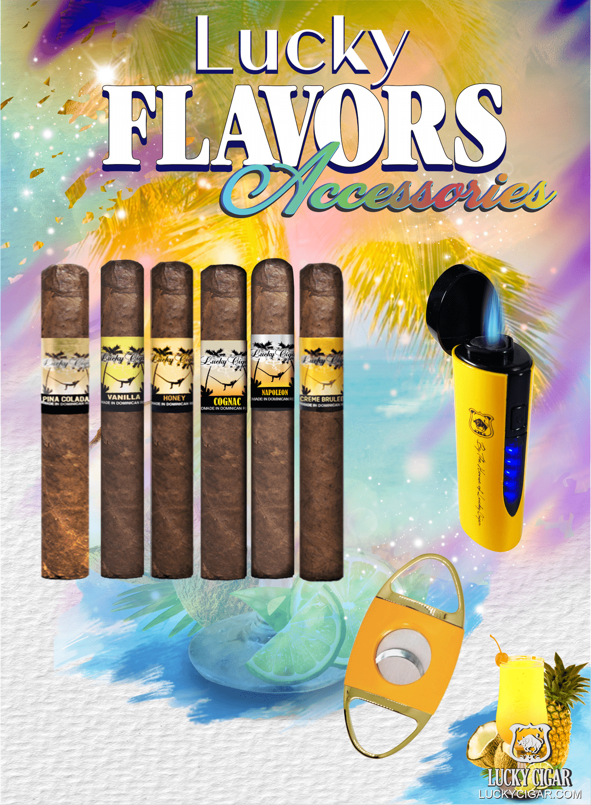 Flavored Cigars: Lucky Flavors 6 Cigar Dessert & Drinks Set with Torch and Cutter 