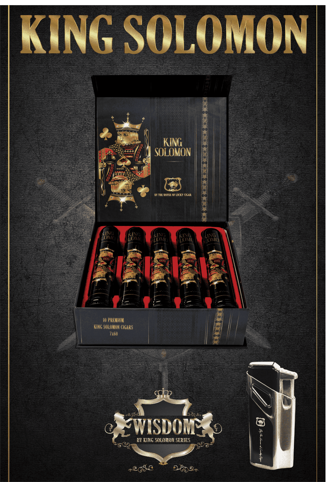 From The King Solomon Series: Box of 10 Solomon 7x60 Cigars with Torch Set