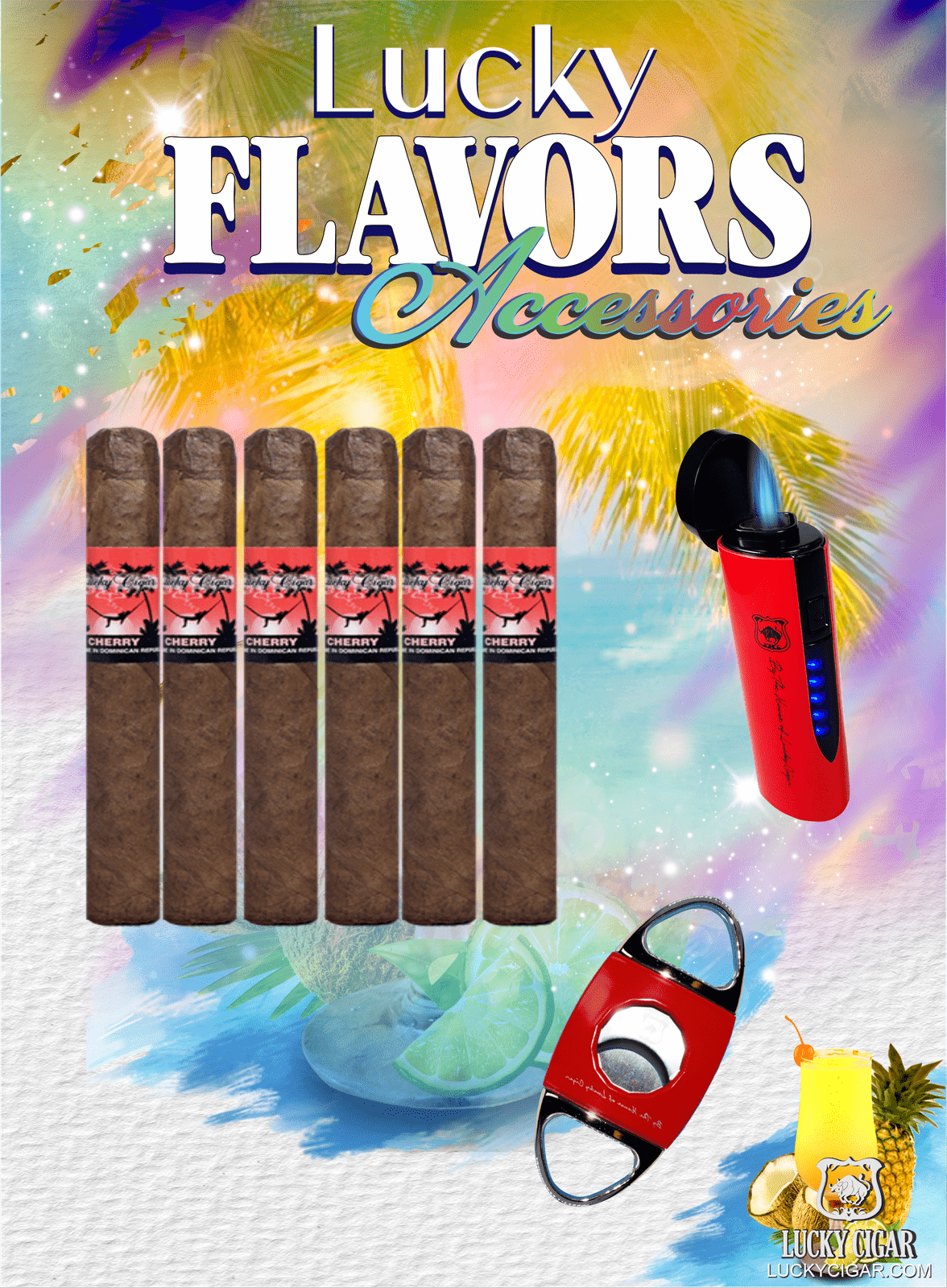 Flavored Cigars: Lucky Flavors 6 Cherry Cigar Set with Torch and Cutter 