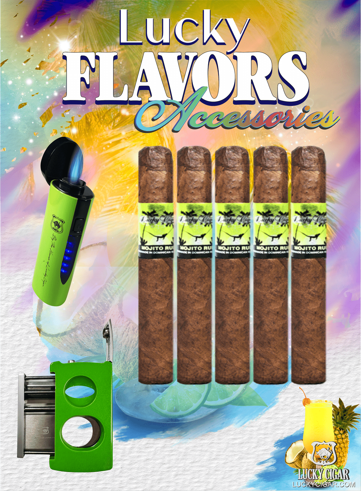 Flavored Cigars: Lucky Flavors 5 Mojito Rum Cigar Set with Torch and Cutter 
