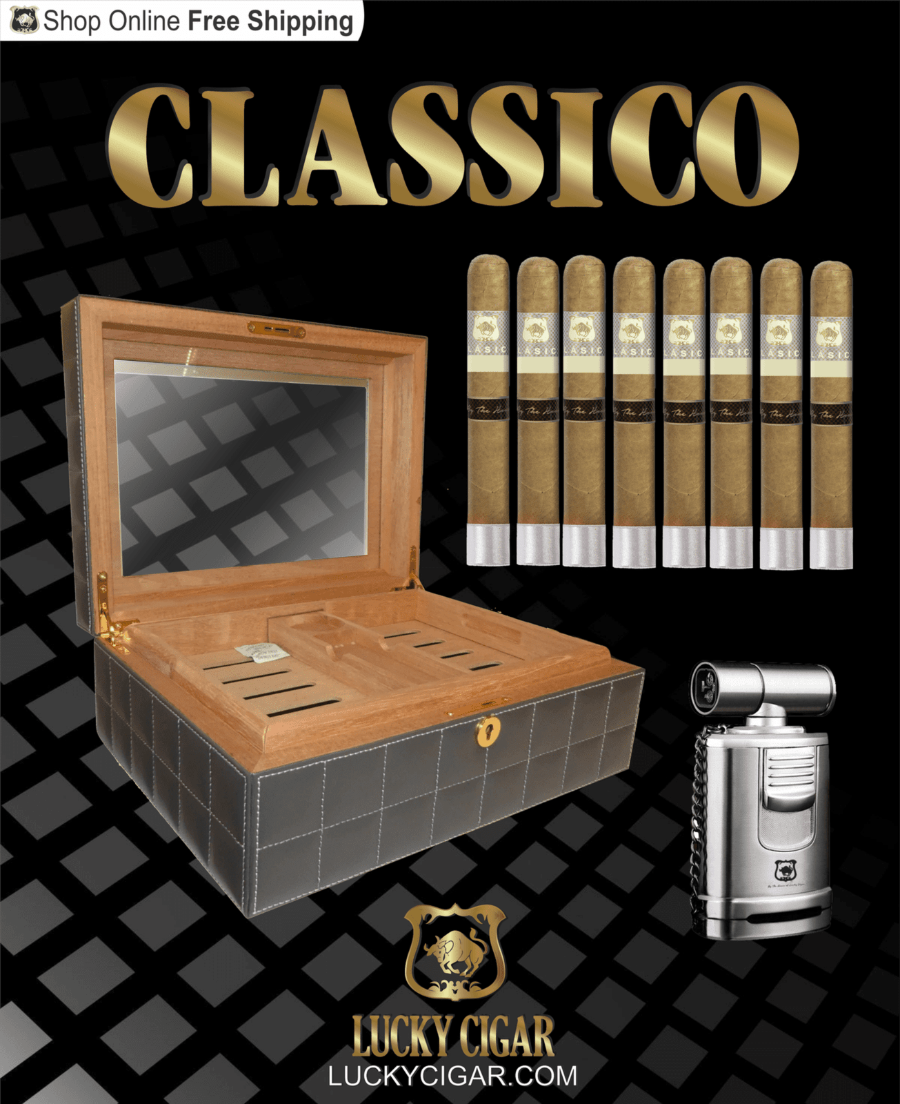 Lucky Cigar Sampler Sets: Set of 8 Classico Toro Cigars with Desk Humidor, Table Torch