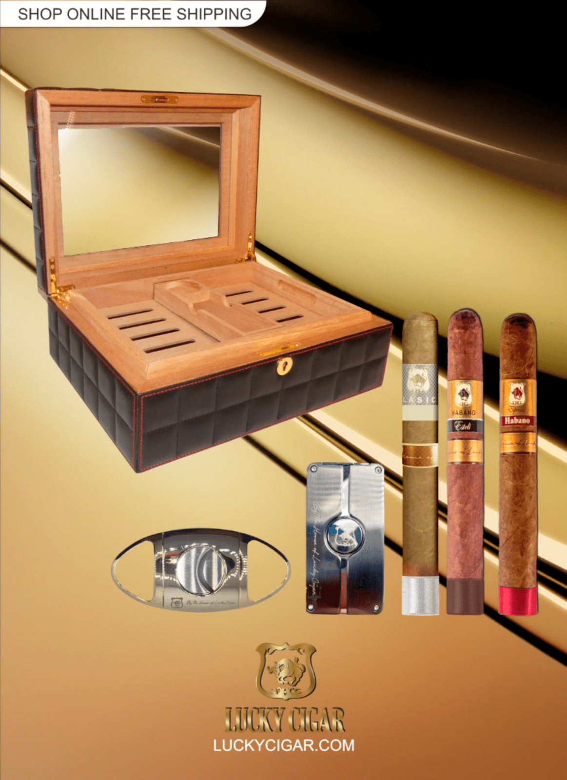 Lucky Cigar Sampler Sets: Set of 3 Toro Cigars with Torch, Cutter, Desk Humidor