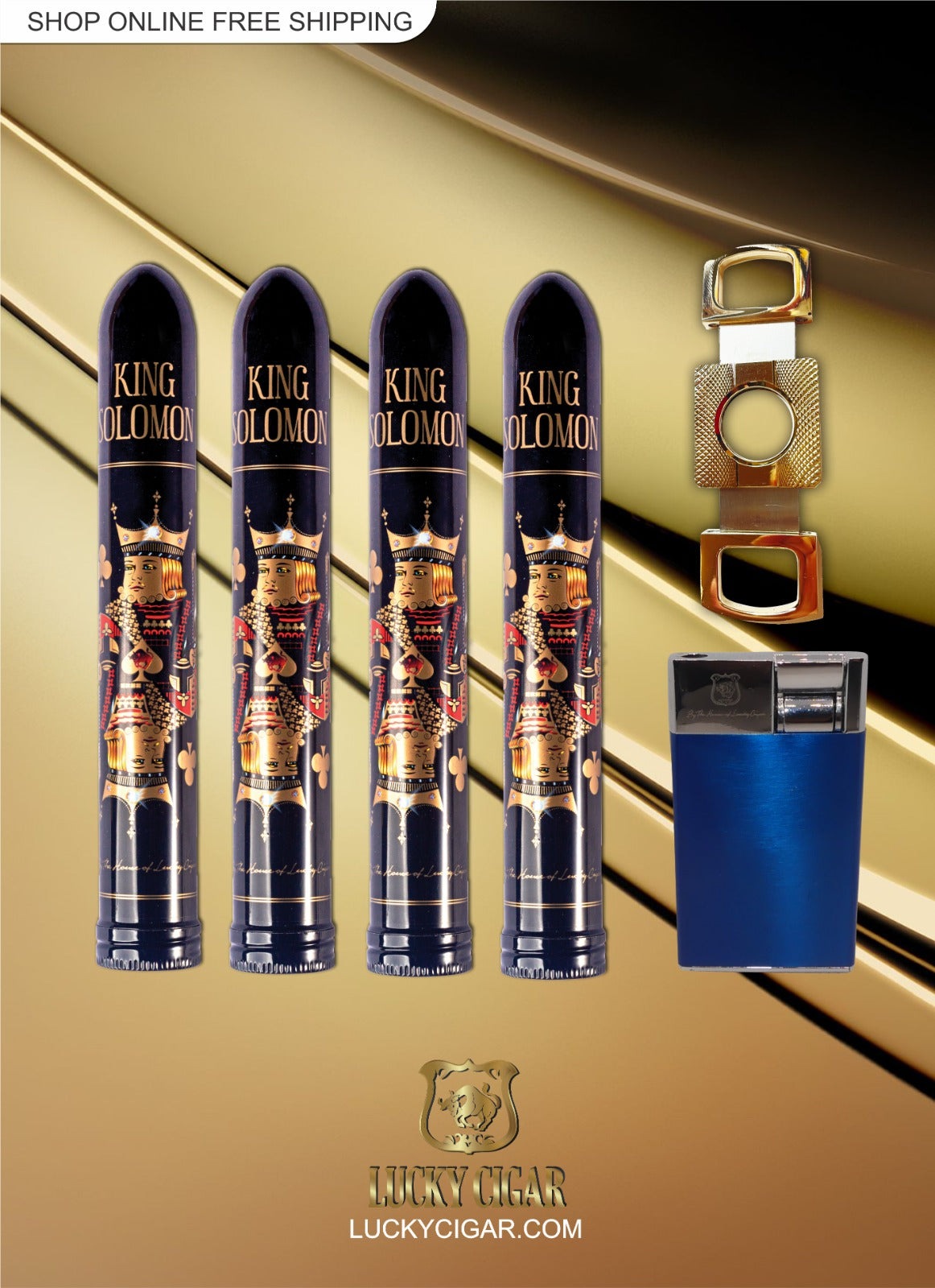 Lucky Cigar Sampler Sets: Set of 4 King Solomon 7x58 Cigars with Slim Torch, Cutter
