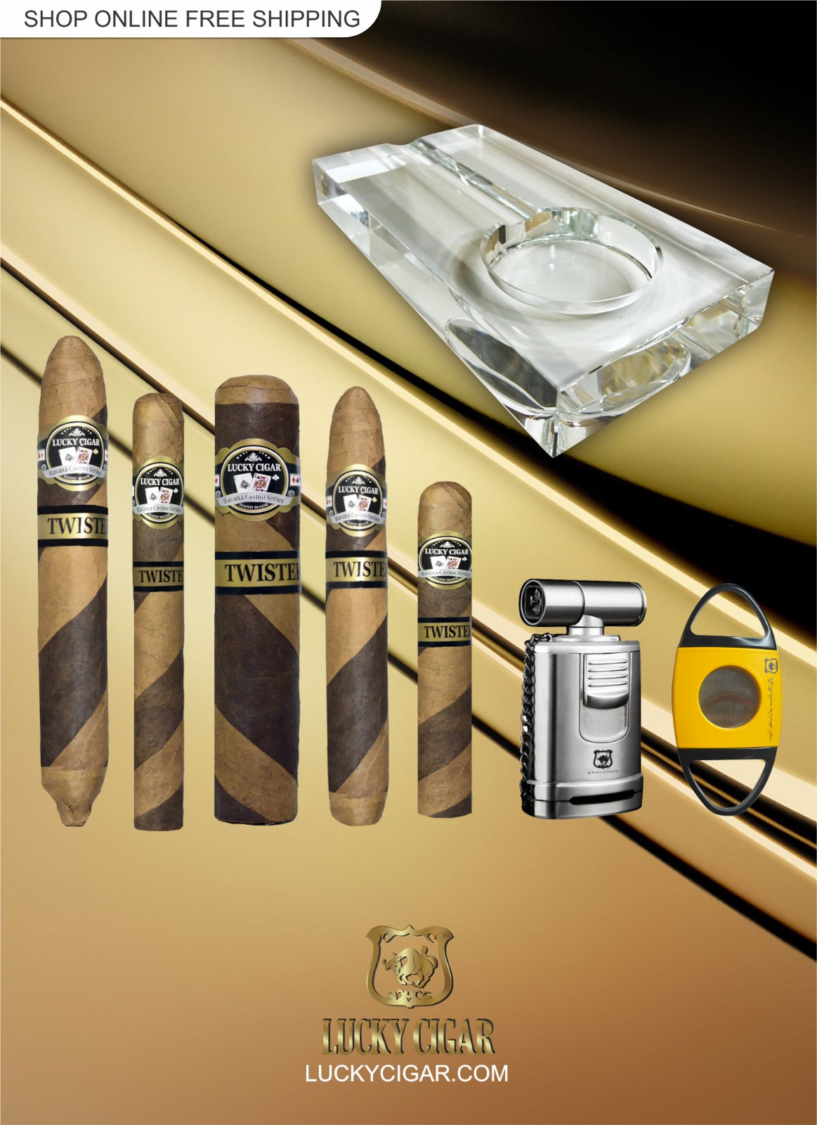 Lucky Cigar Sampler Sets: Set of 5 Twister Cigars with Cutter, Ashtray, Desk Humidor