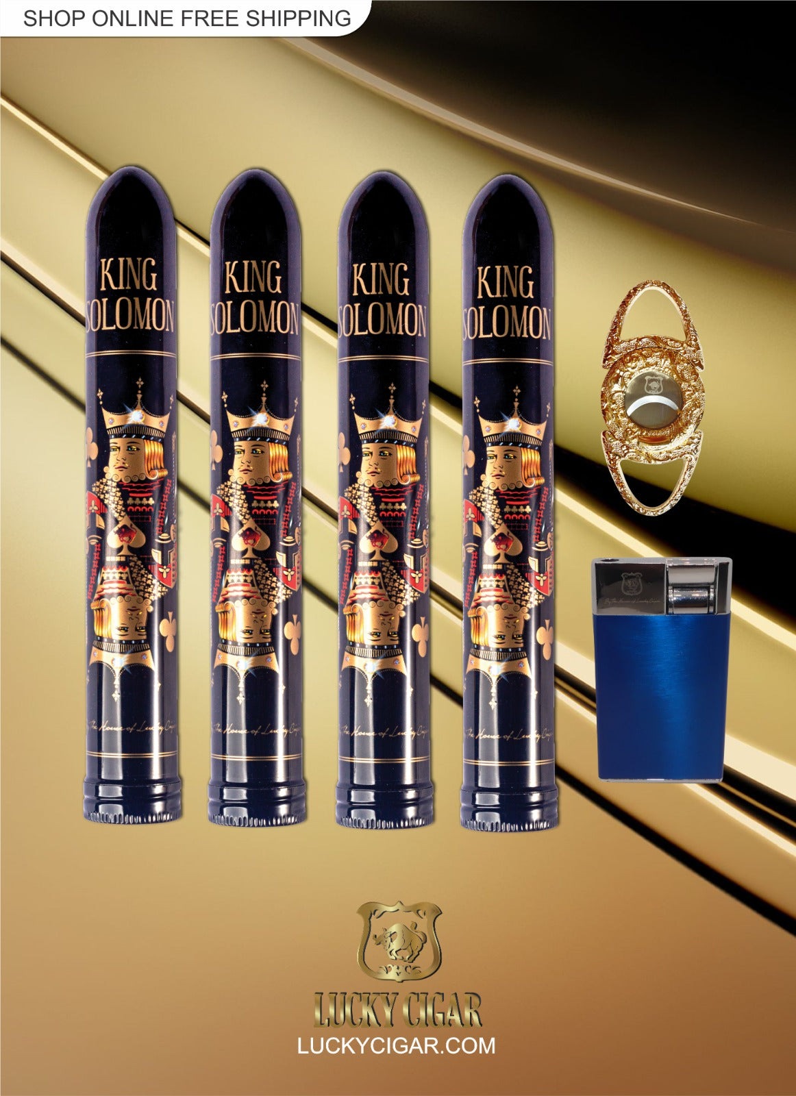 Lucky Cigar Sampler Sets: Set of 4 King Solomon Cigars with Cutter, Torch