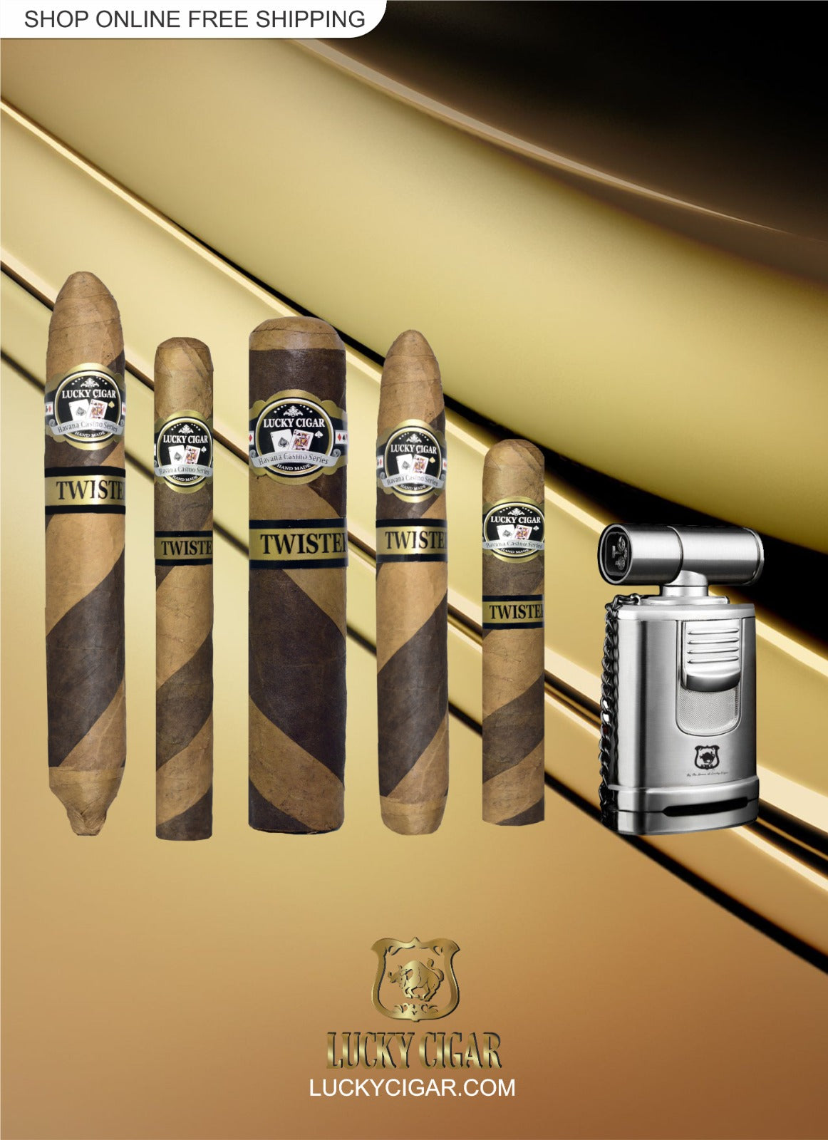 Lucky Cigar Sampler Sets: Set of 5 Twister Cigars with Table Torch 5 Twister cigars: Robusto, Gordo, Solomon, Churchill, Torpedo