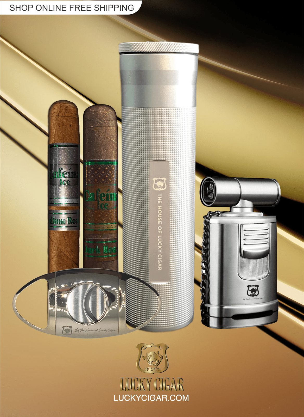 Cigar Lifestyle Accessories: Travel Humidor with Hygrometer Lid in Silver with 2 Cigars, Cutter, Torch