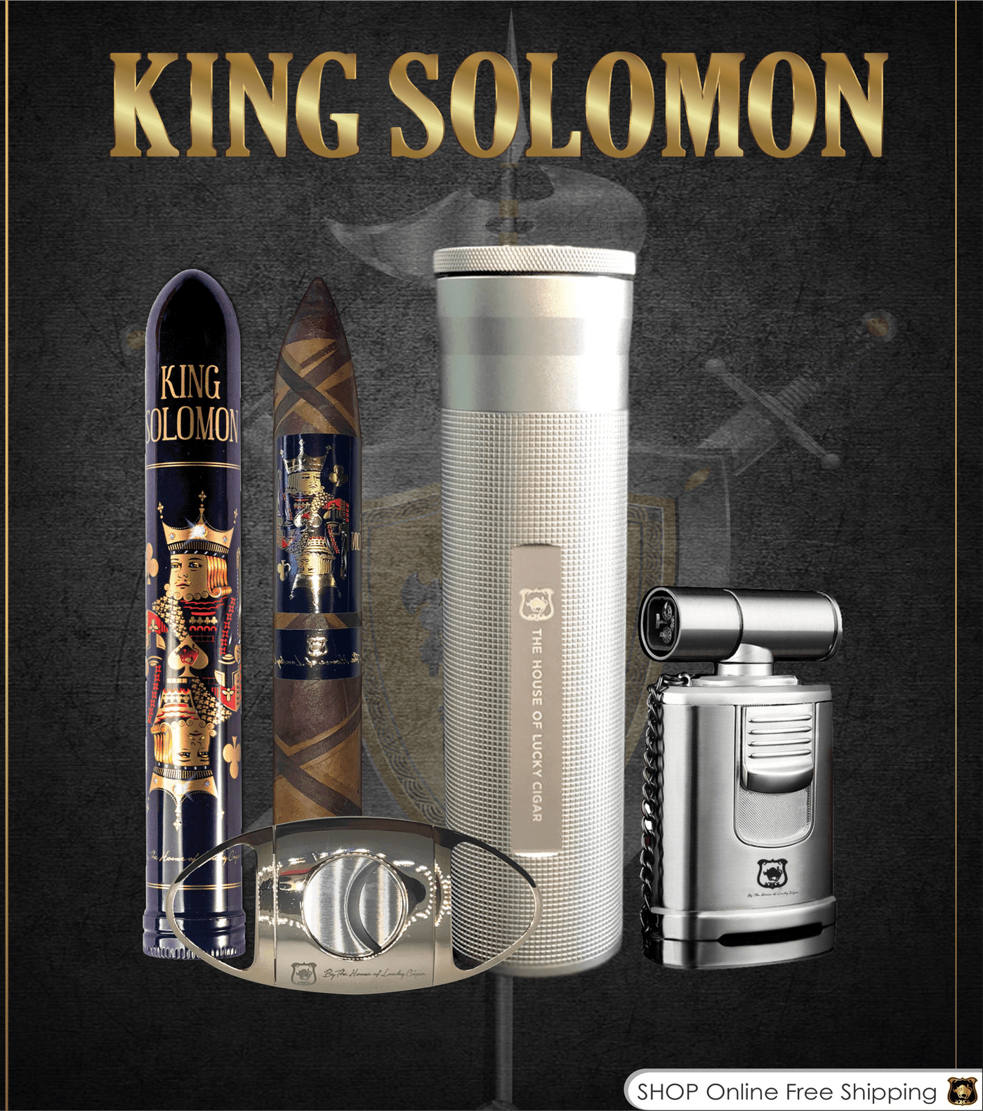 From The King Solomon Series: 1 Solomon 7x60 Cigars with Humidor, Cutter, Gun Torch Set