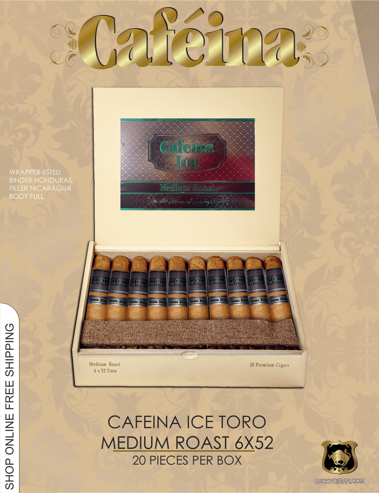 Infused Cigars: Cafeina Medium Roast Toro 6x52 Box of 20 Cigars