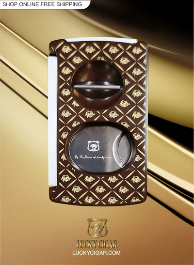 Cigar Lifestyle Accessories: Cigar Cutter in Brown/Gold Pattern for Standard, V Cut
