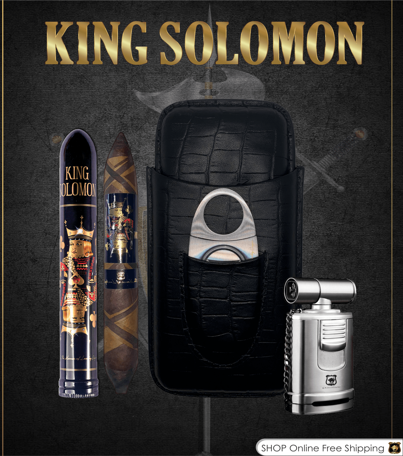 King Solomon / BLACK LEATHER CASE WITH STAINLESS STEEL CUTTER / LUCKY MACHINE GUN 4 JETS TORCH TABLE LIGHTER