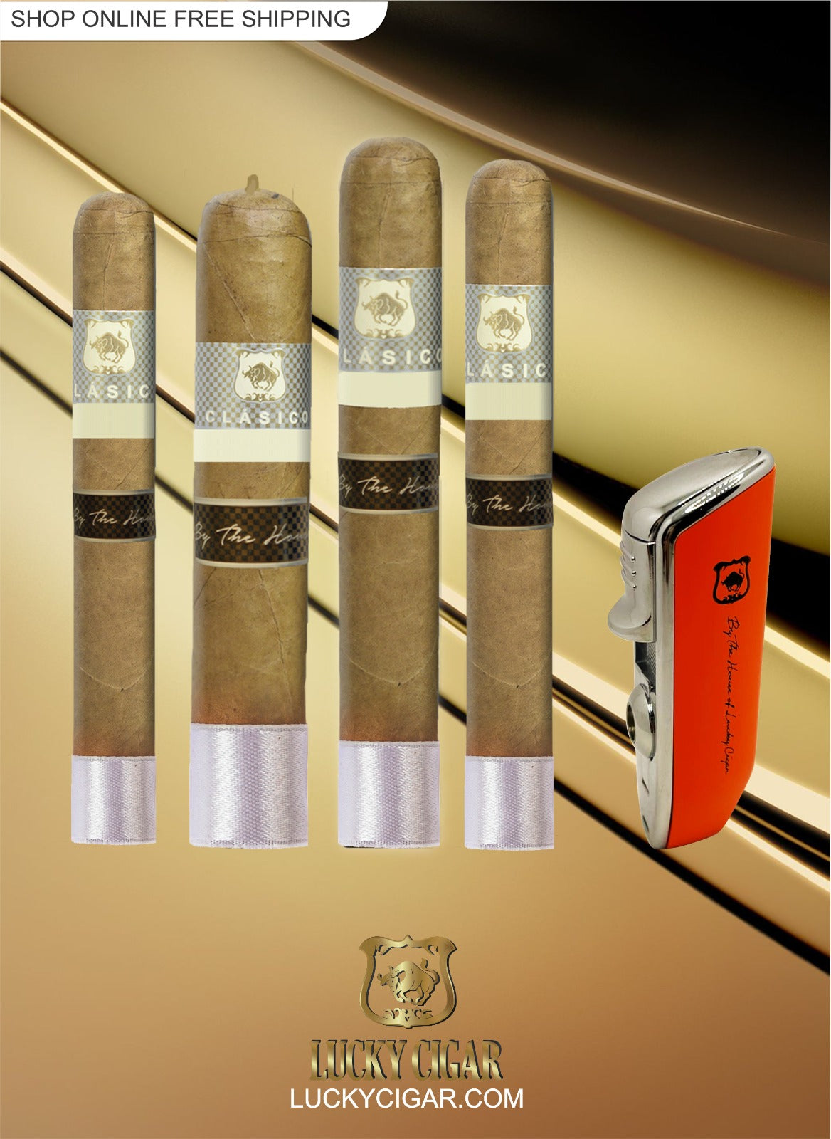 Classic Cigars - Classico by Lucky Cigar: Set of 4 Cigars, Robusto, Rotchilde, Toro, Gordo with Torch