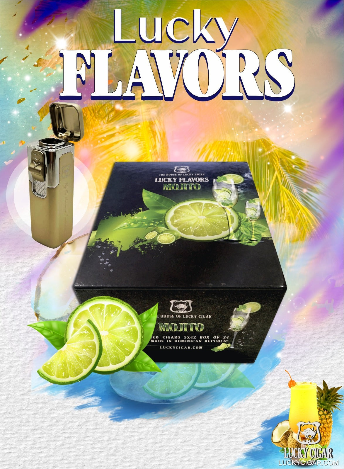 Flavored Cigars: Lucky Flavors Mojito Rum Box Cigar Set - with Torch Lighter 