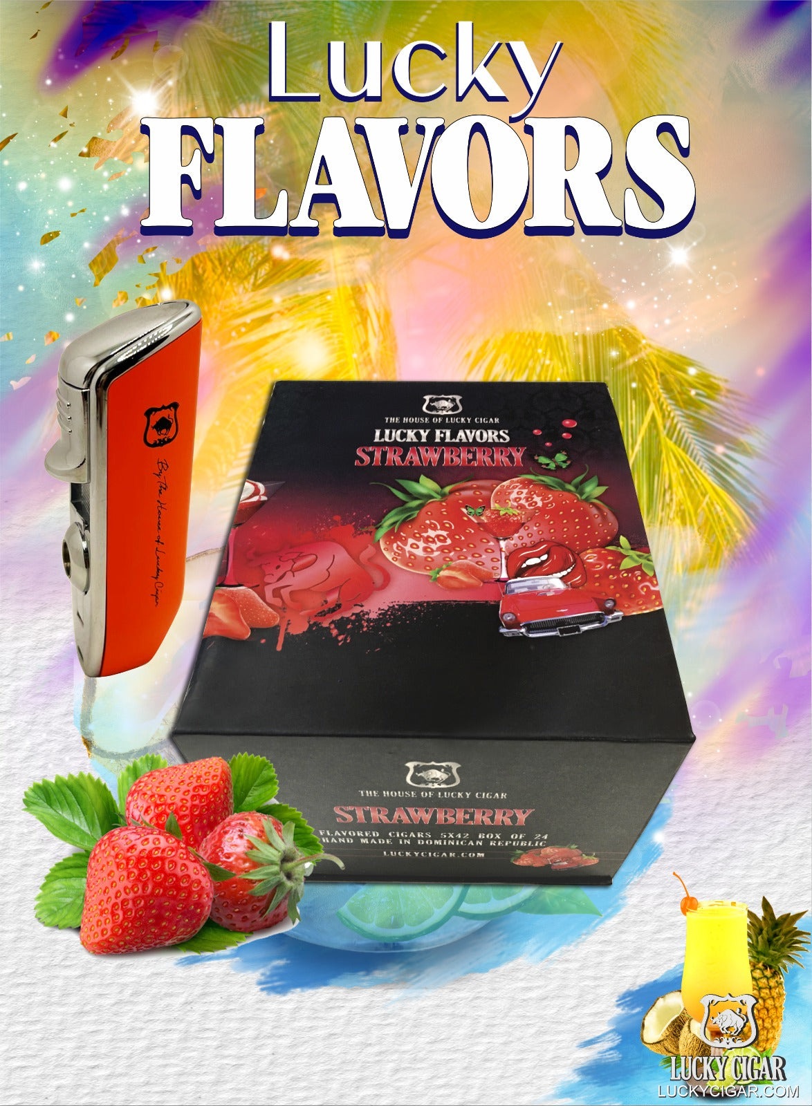 Flavored Cigars: Lucky Flavors Strawberry Box Cigar Set - with Torch Lighter 