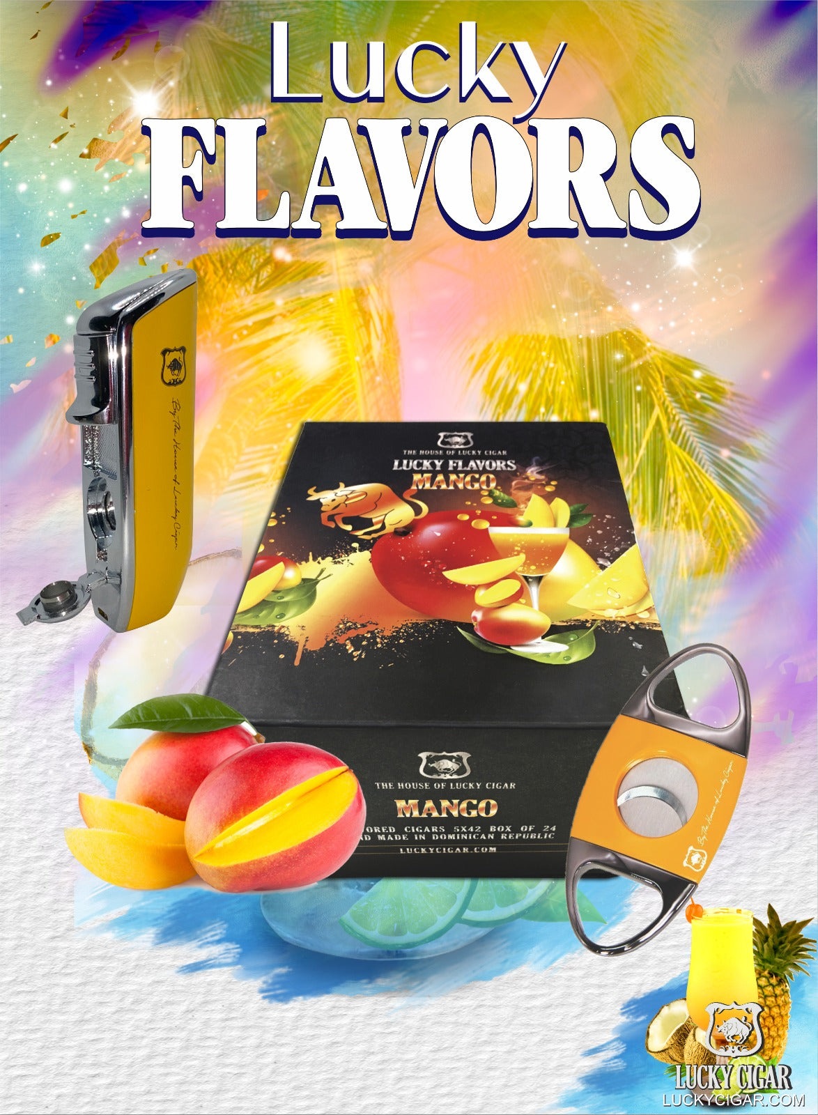 Flavored Cigars: Lucky Flavors Mango Box Cigar Set - with Torch Lighter and Cutter