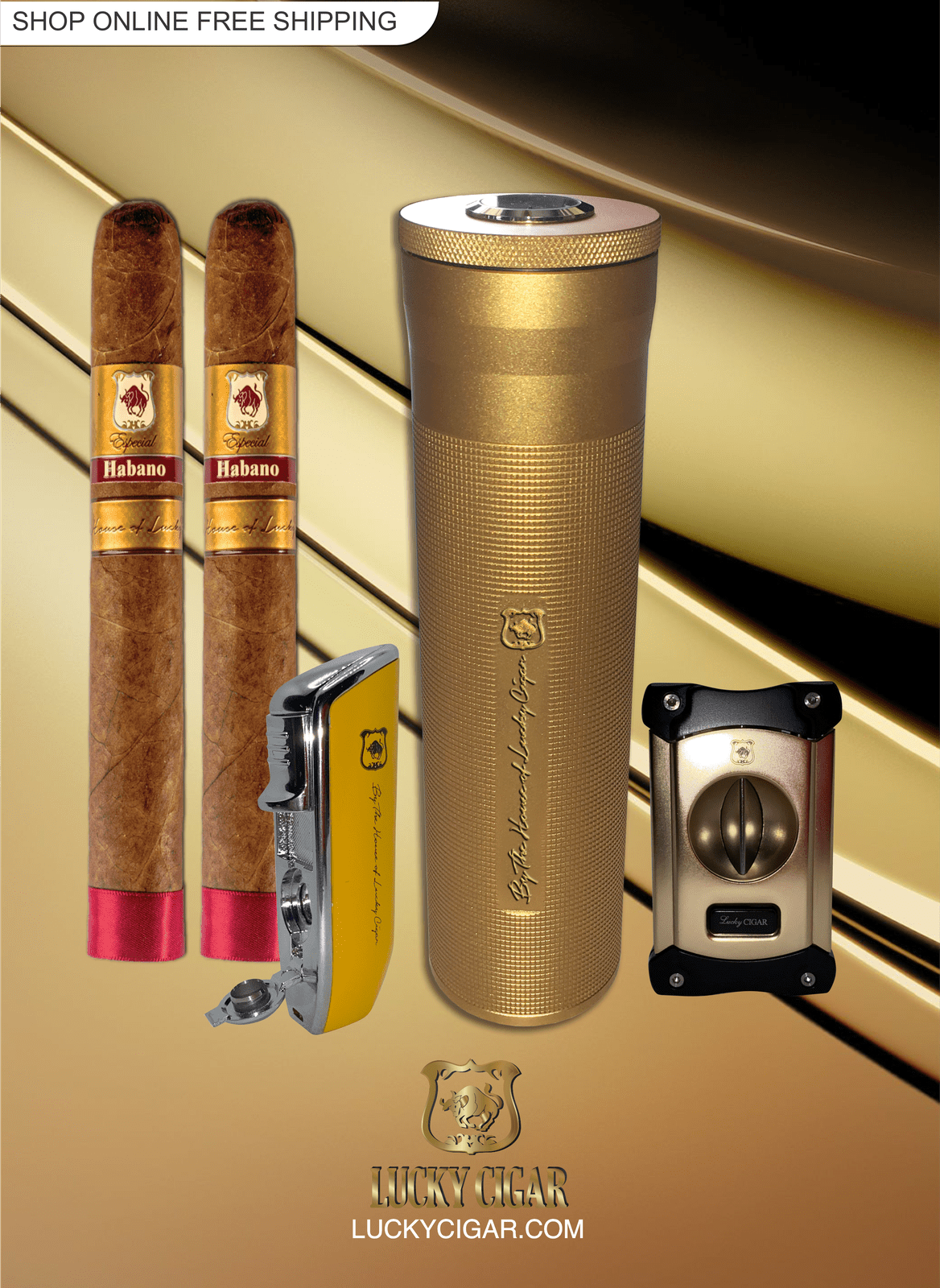 Cigar Lifestyle Accessories: Travel Humidor with Hygrometer Lid in Gold with 2 Cigars, Cutter, Torch