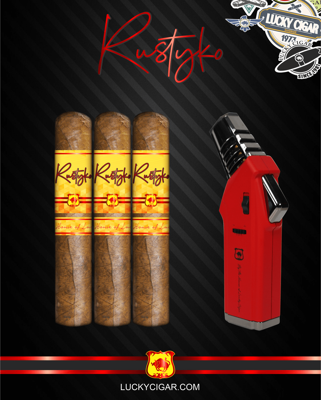 Infused Cigars: Rustyko Robusto 5x54 Cigars - Set of 3 with Red Torch Lighter