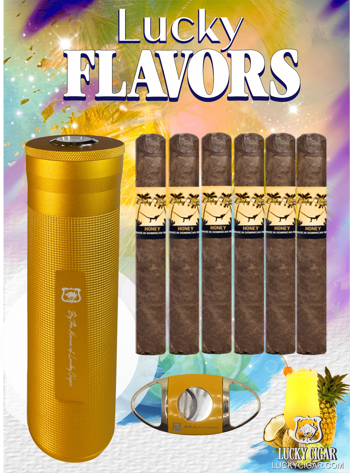 Flavored Cigars: Lucky Flavors 6 Honey Cigar Set with Travel Humidor and Cutter