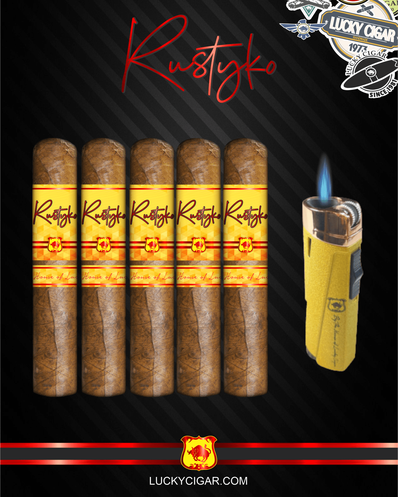 Infused Cigars: Rustyko Robusto 5x54 Cigars - Set of 5 with Yellow Torch Lighter
