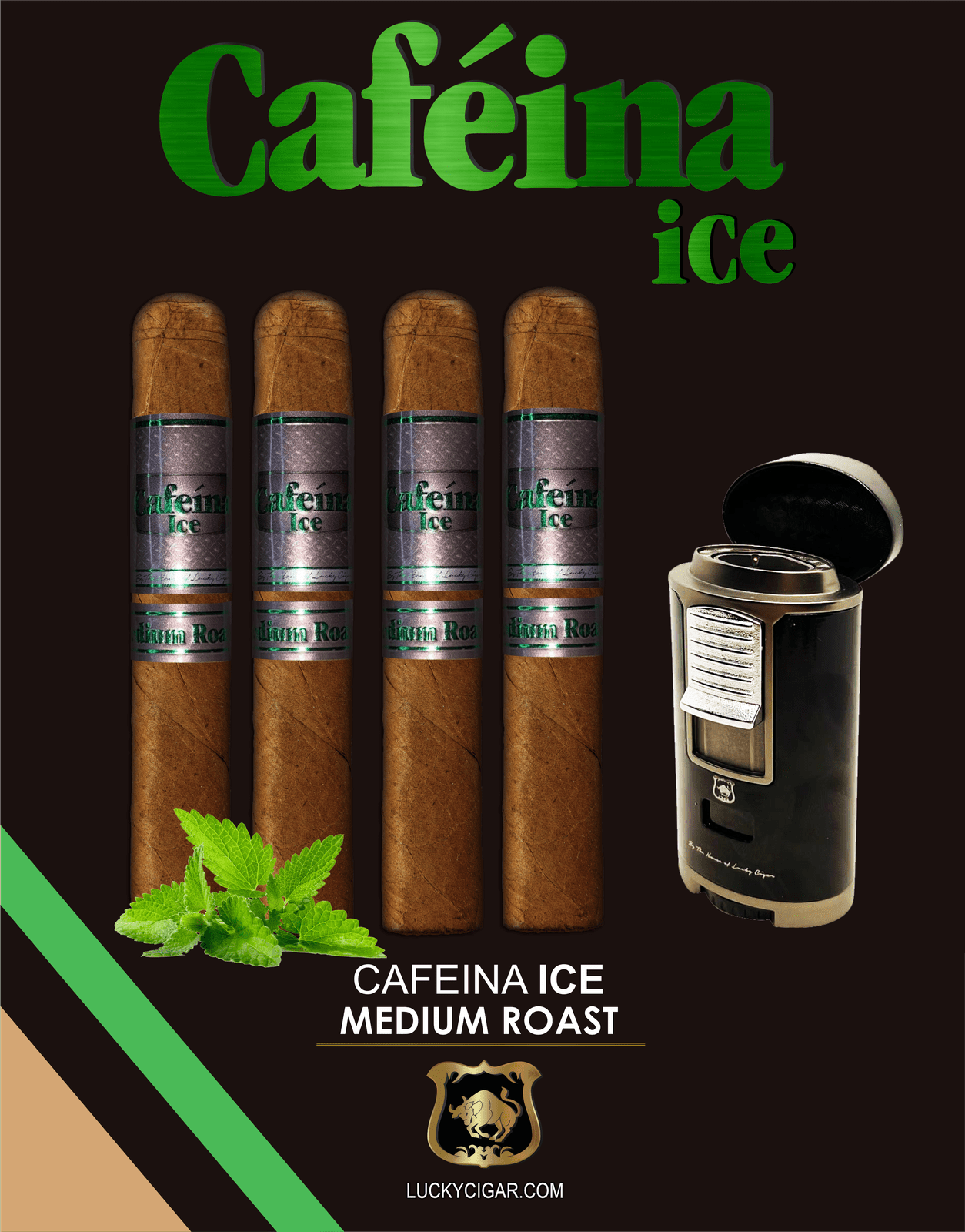 Infused Cigars: Set of 4 Cafeina Ice Medium Roast Corona 5x48 Cigars with Torch Lighter 