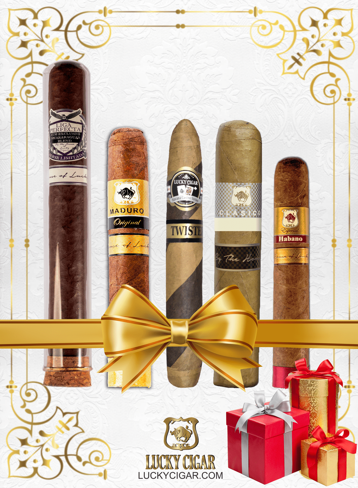 Lucky Cigar Sampler Sets: Set of 5 Cigars, Twister Torpedo, Classico Robusto, Especial Habano Corona, Maduro Original Gordo, Liga Perfecta Double