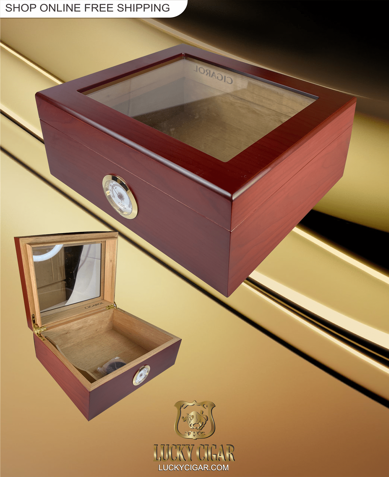 Cigar Lifestyle Accessories: Desk Humidor with Glass Top in Cherry Wood