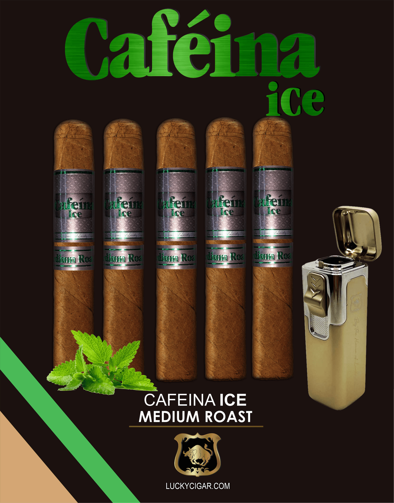 Infused Cigars: Set of 5 Cafeina Ice Medium Roast Toro 6x52 Cigars with Torch Lighter 