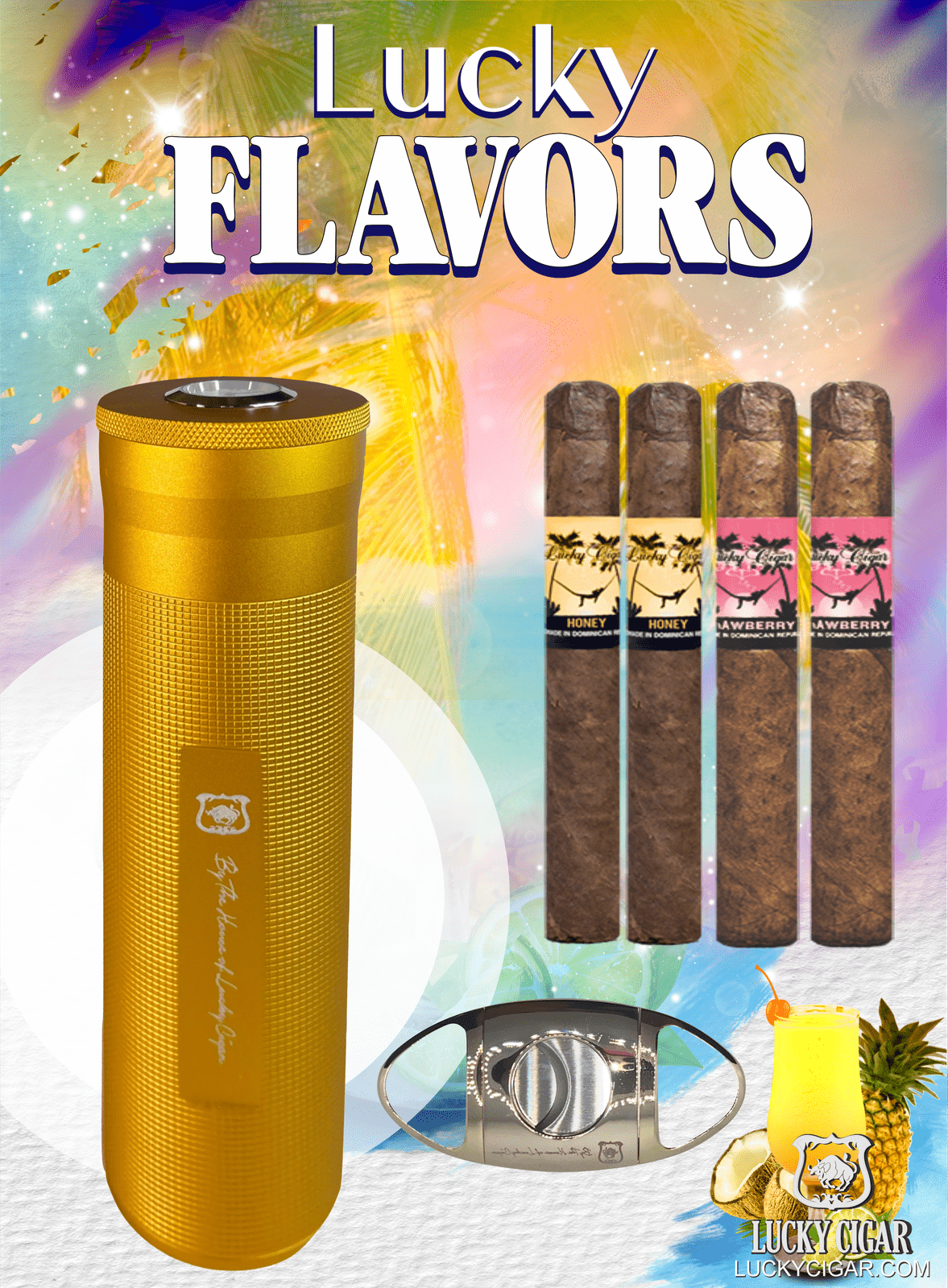 Flavored Cigars: Lucky Flavors 4 Cigar Set with Travel Humidor and Cutter