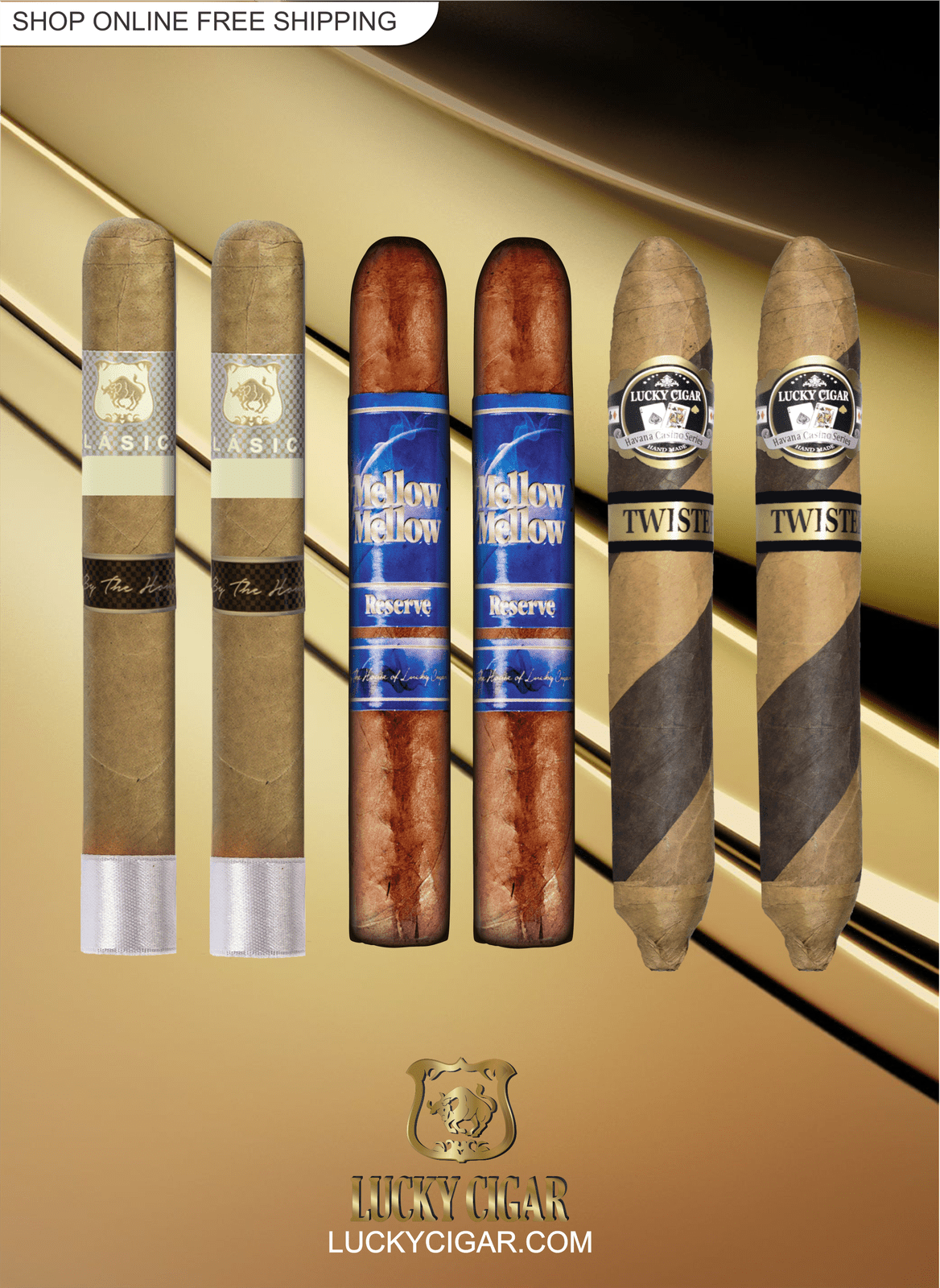 Lucky Cigar Sampler Sets: Set of 6 Cigars with Classico, Mellow Mellow Reserve, Twister