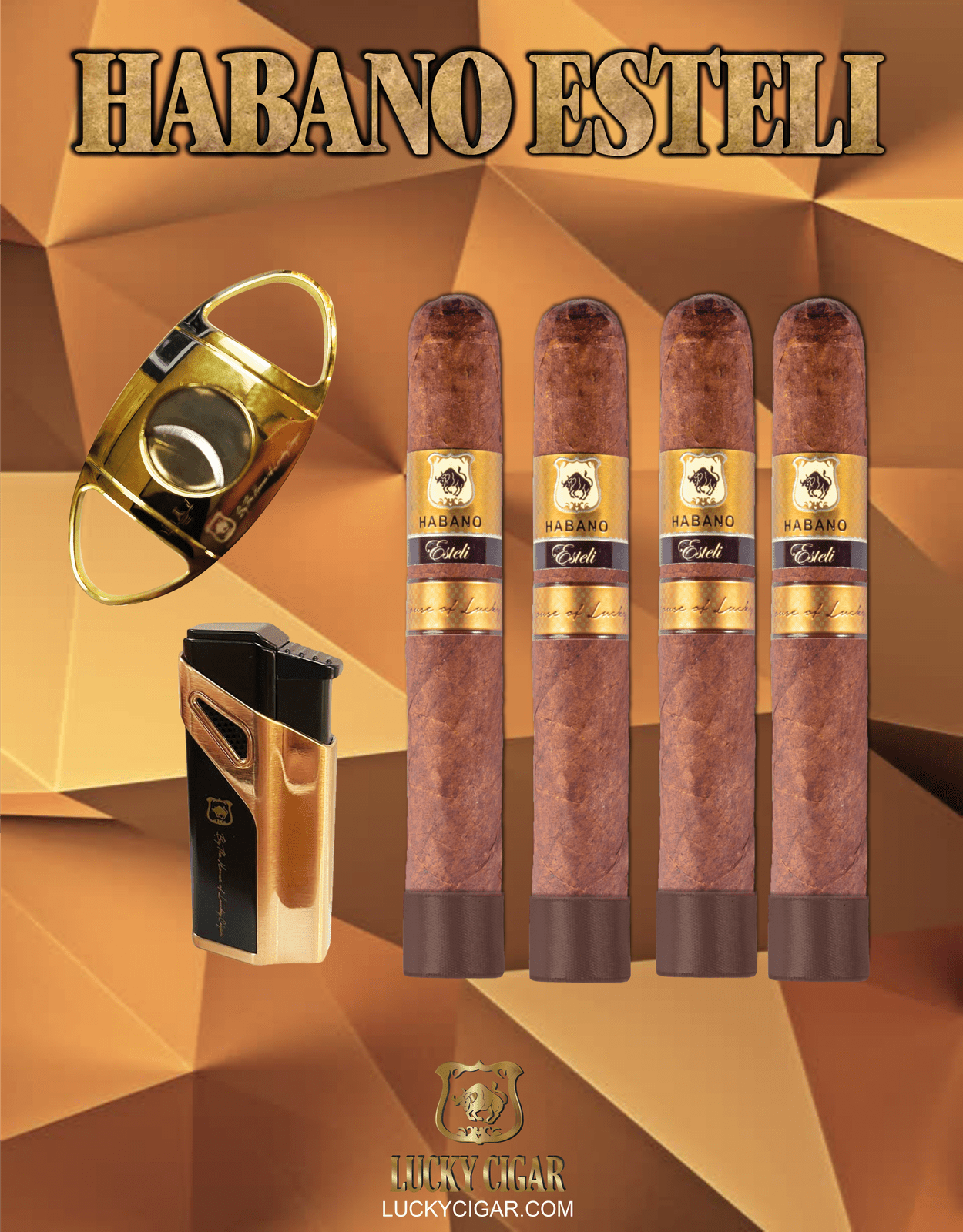 Habano Cigars: Habano Esteli by Lucky Cigar: Set of 4 Cigars, 4 Toro with Cutter, Torch