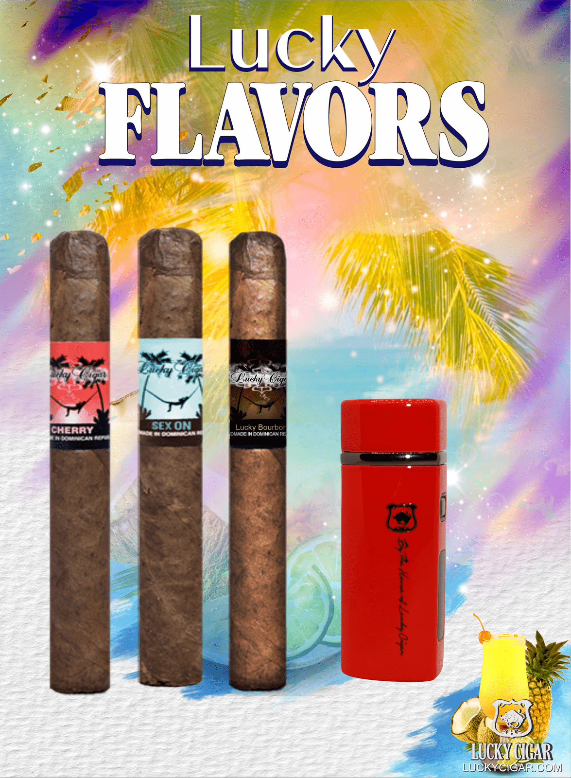 Flavored Cigars: Lucky Flavors 3 Cigar Set - Cherry, Bourbon, Beach with Torch Lighter