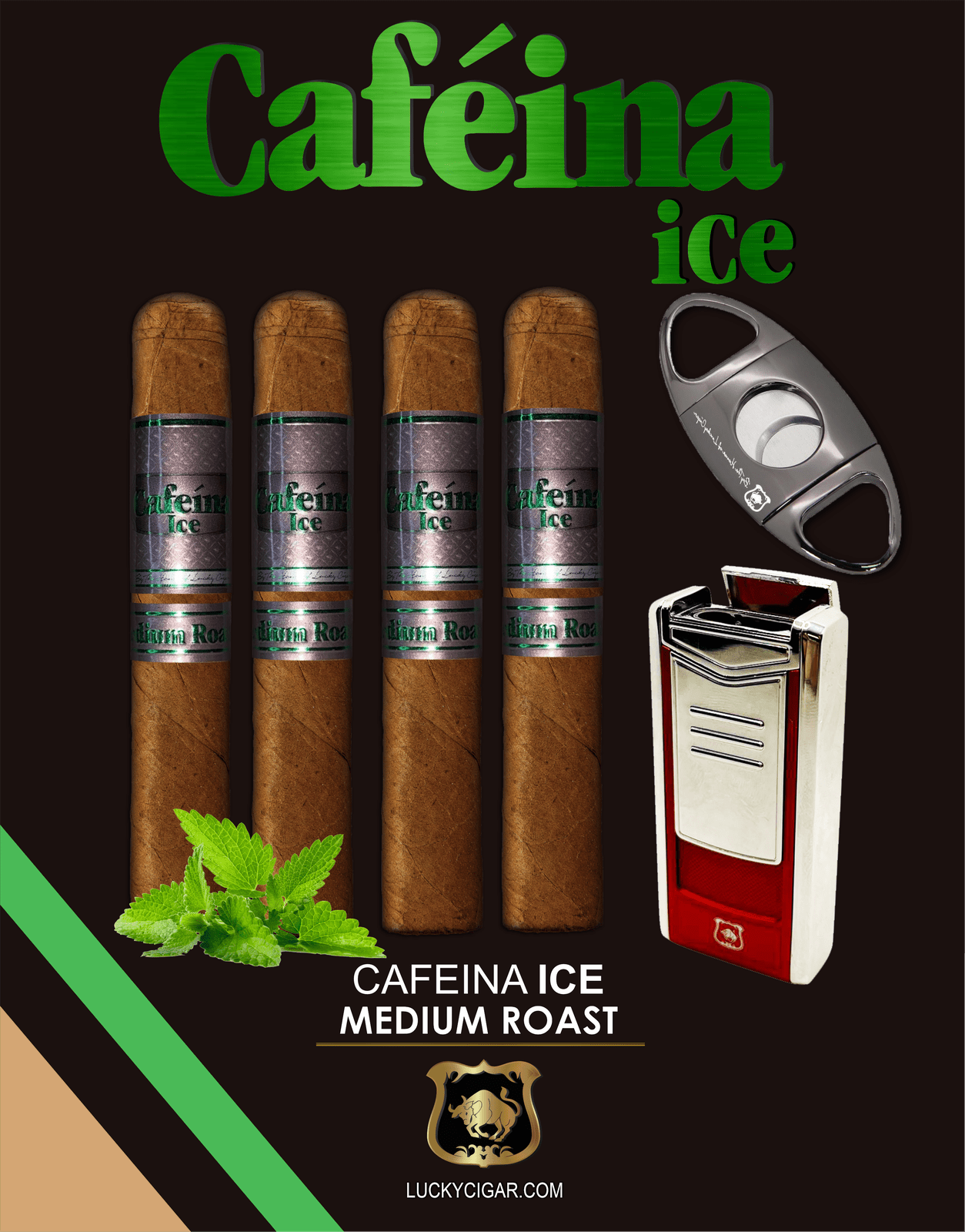 Infused Cigars: Set of 4 Cafeina Ice Medium Roast Cigars - 4 Magnum 5x58 with Cutter and Torch