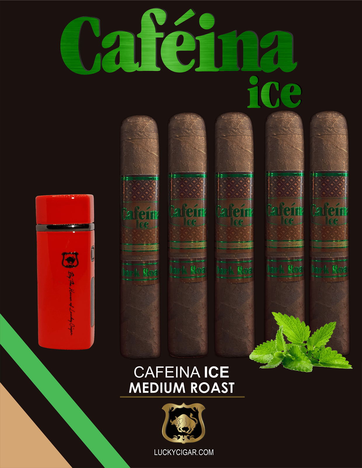 Infused Cigars: Set of 5 Cafeina Dark Roast Magnum 5x58 Cigars with Torch Lighter