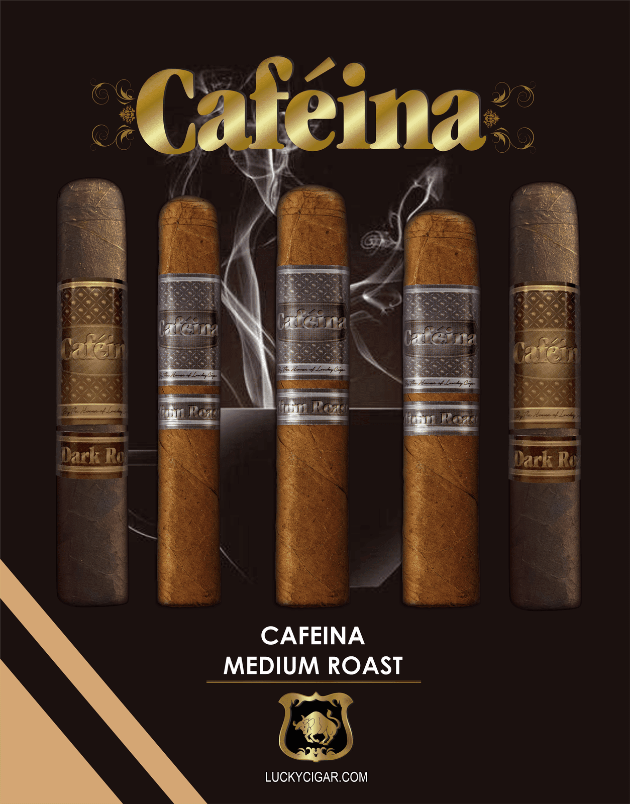Infused Cigars: Set of 5 Cafeina Medium, Dark Roast Cigars - 3 Medium 5x58, 2 Dark 5x58 
