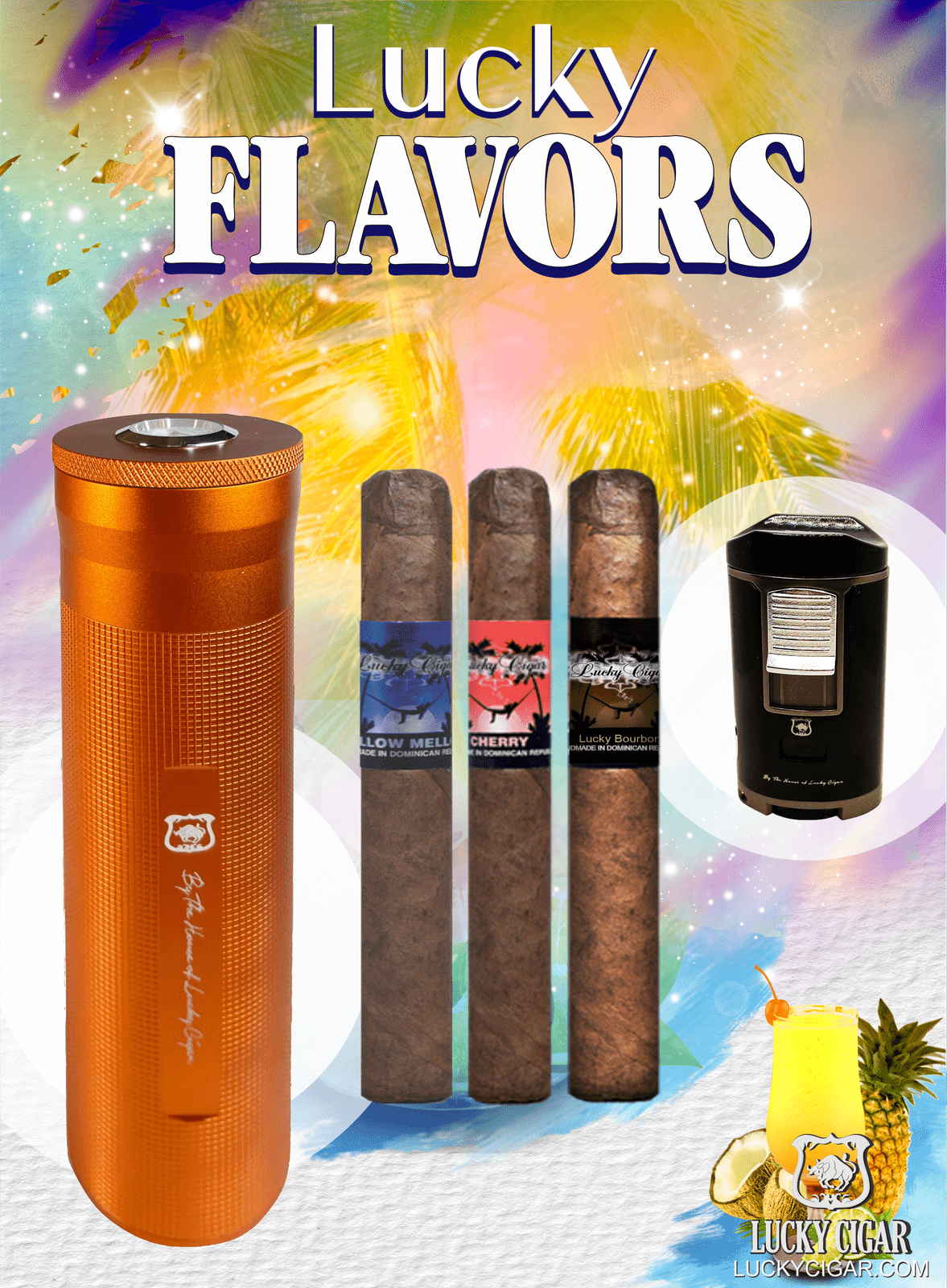 Flavored Cigars: Lucky Flavors 3 Cigar Set with Travel Humidor and Lighter