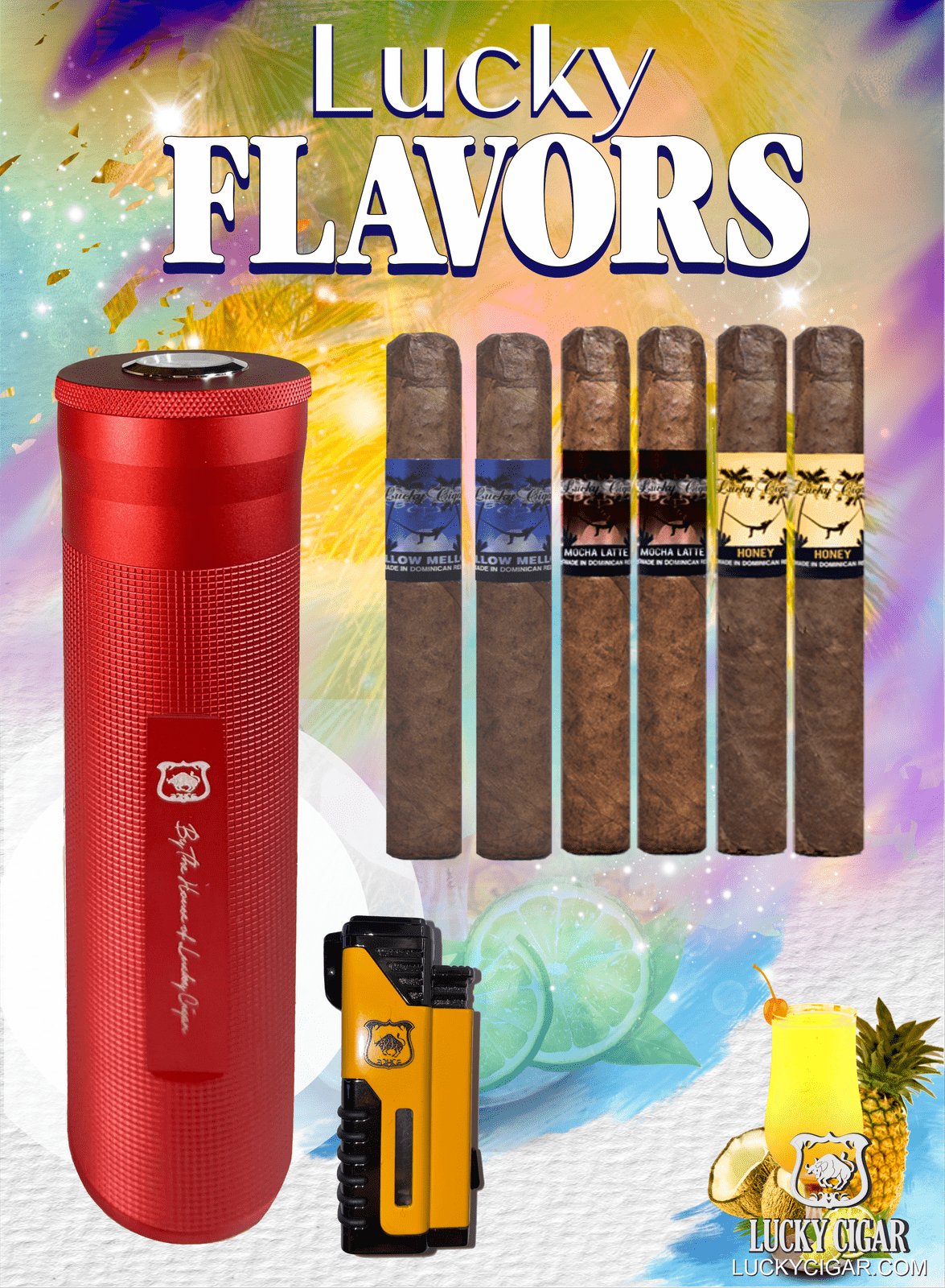 Flavored Cigars: Lucky Flavors 6 Cigar Set with Travel Humidor and Lighter