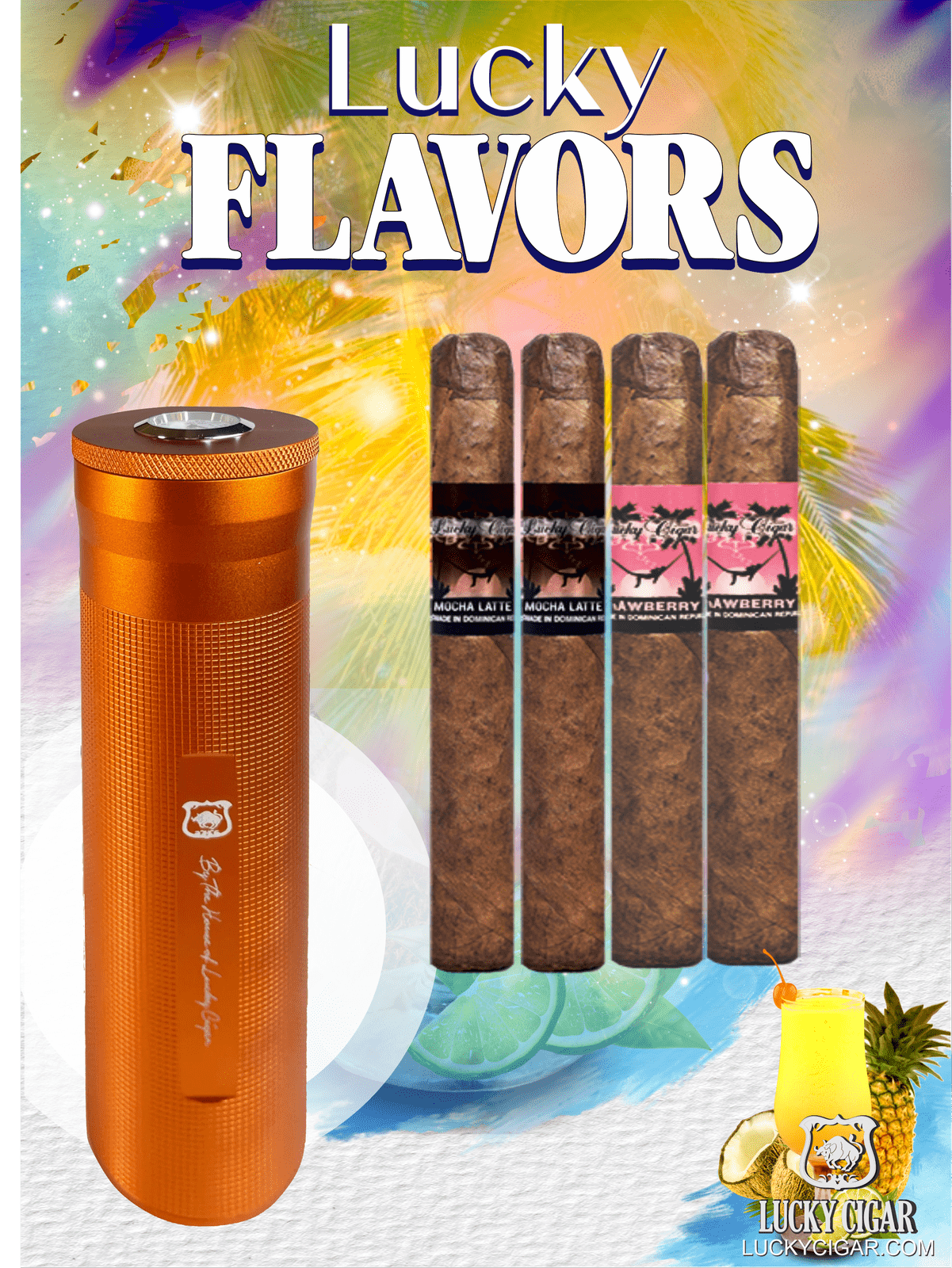 Flavored Cigars: Lucky Flavors 4 Cigar Set with Travel Humidor Strawberry, Mocha Latte