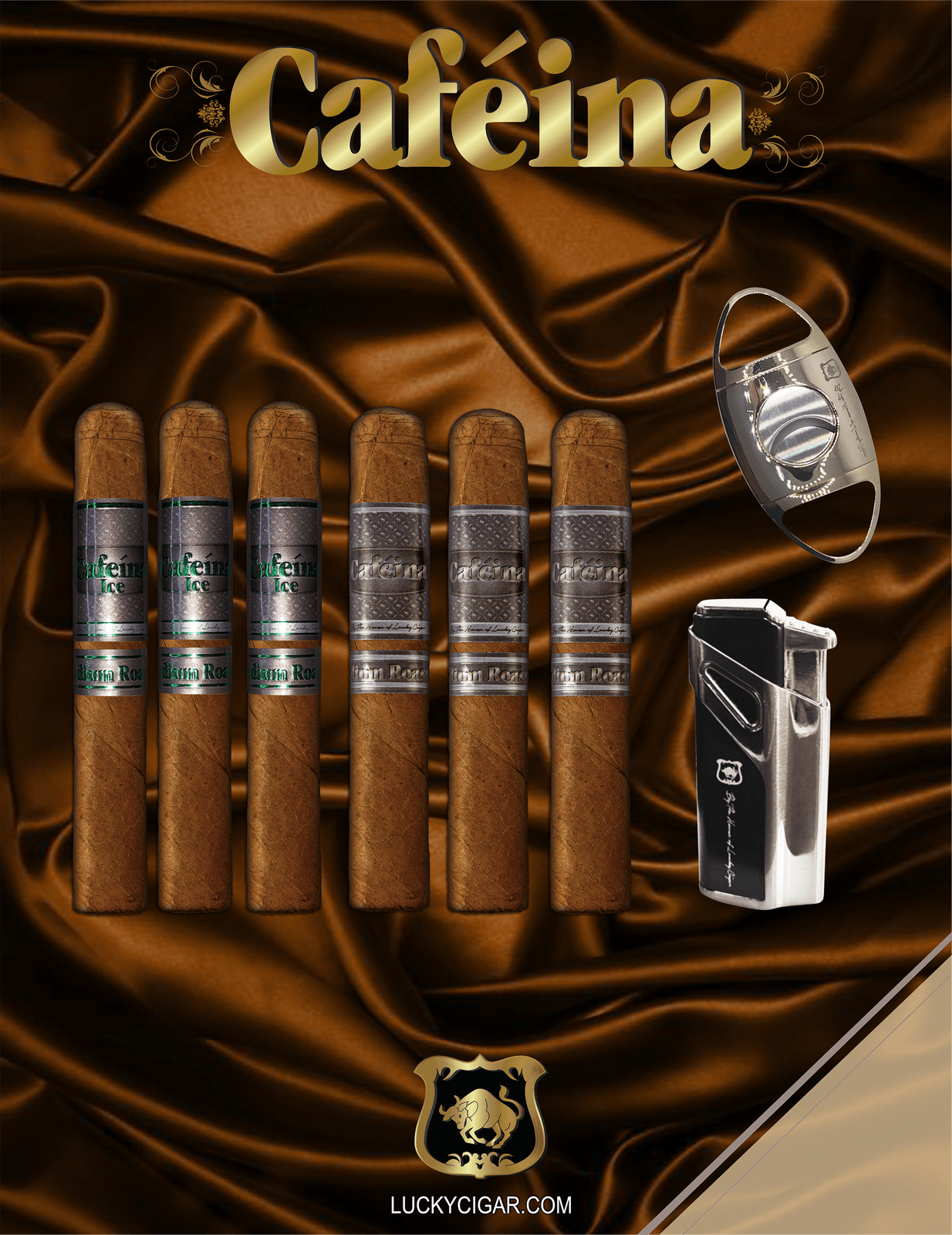Infused Cigars: Set of 6 Cafeina Roast Cigars - 3 Medium 6x52, 3 Ice 6x52 with Lighter, Cutter